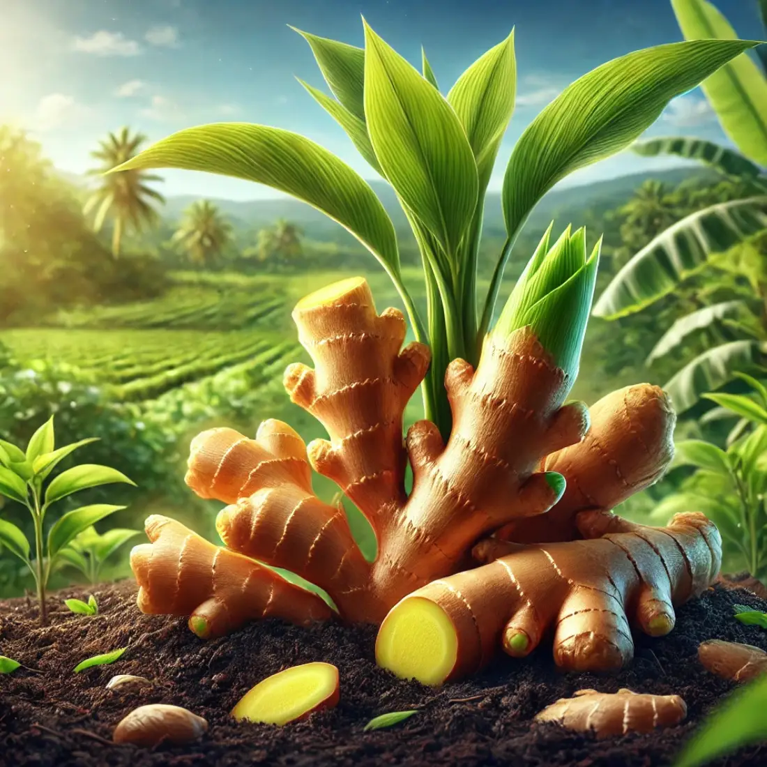 Freshly harvested ginger rhizomes with golden-brown skin and green shoots in a lush, organic garden setting.