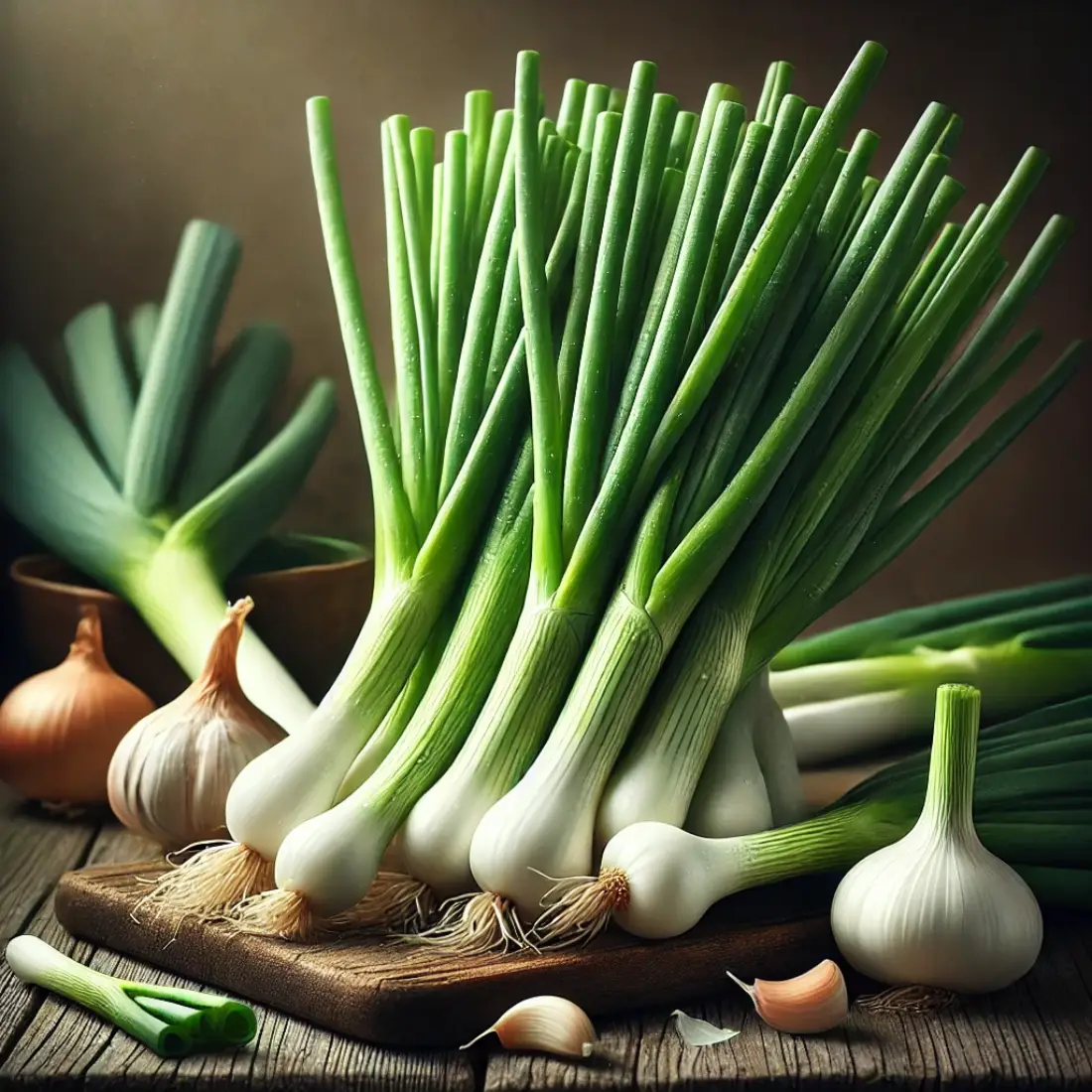 Bunch of fresh green onions with long green stalks and small white bulbs, accompanied by garlic, leek, and onion on a rustic wooden kitchen table with soft natural light.