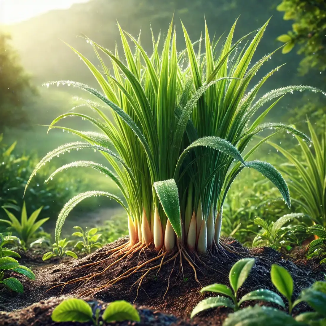 Lush lemongrass plants with slender green stalks and dewdrops on leaves, growing in rich, dark soil with a natural, serene background.