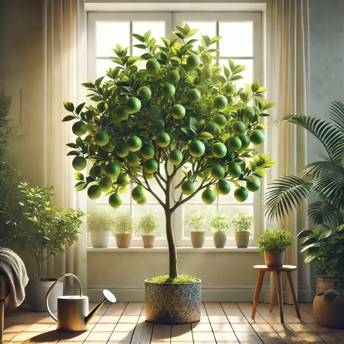 Healthy lime tree with ripe limes in a decorative pot near a sunny window, surrounded by indoor plants and home decor.