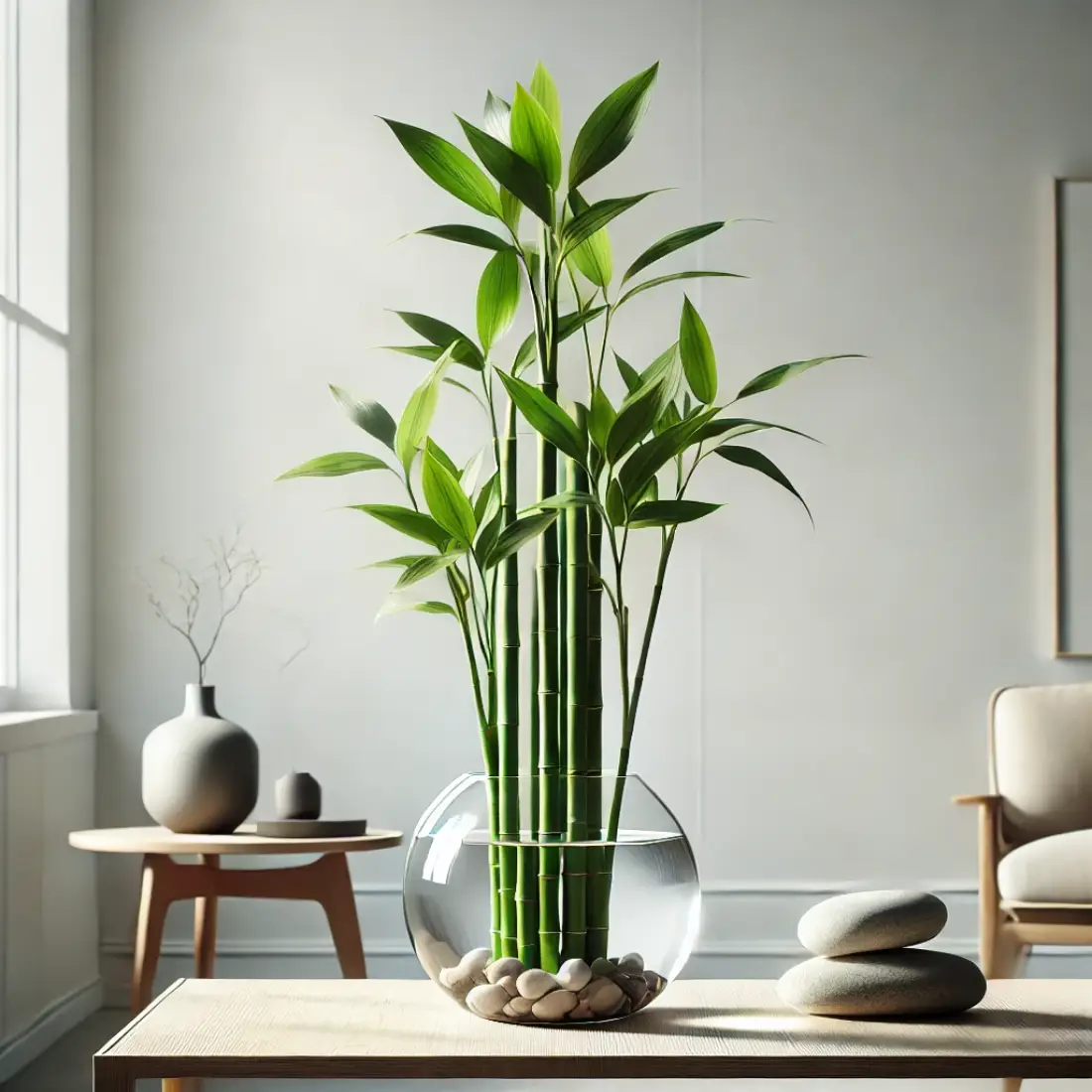 Lucky Bamboo plant in a clear glass vase with pebbles and water, set on a wooden table in a minimalist white room with natural light.