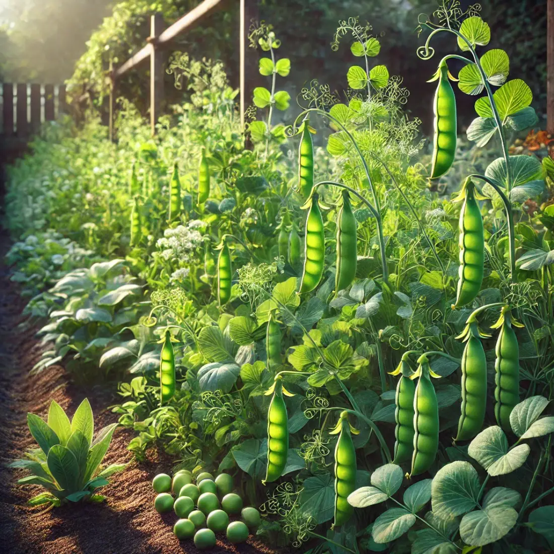 Lush garden bed with vibrant pea plants, fresh green foliage, and ripe pea pods, supported by a trellis in natural sunlight.