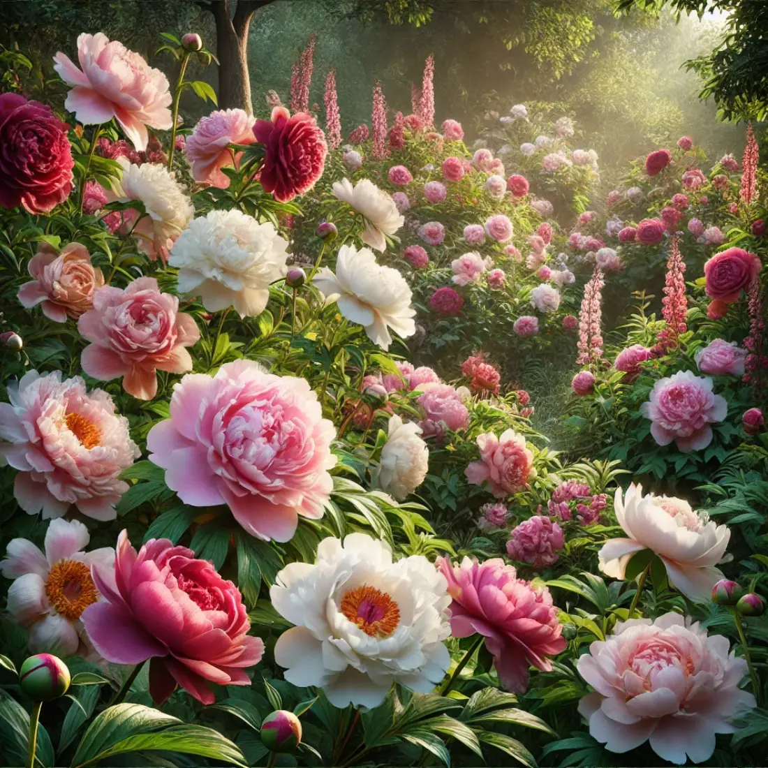 A garden filled with pink, white, and deep red peonies in soft sunlight, surrounded by lush green foliage.