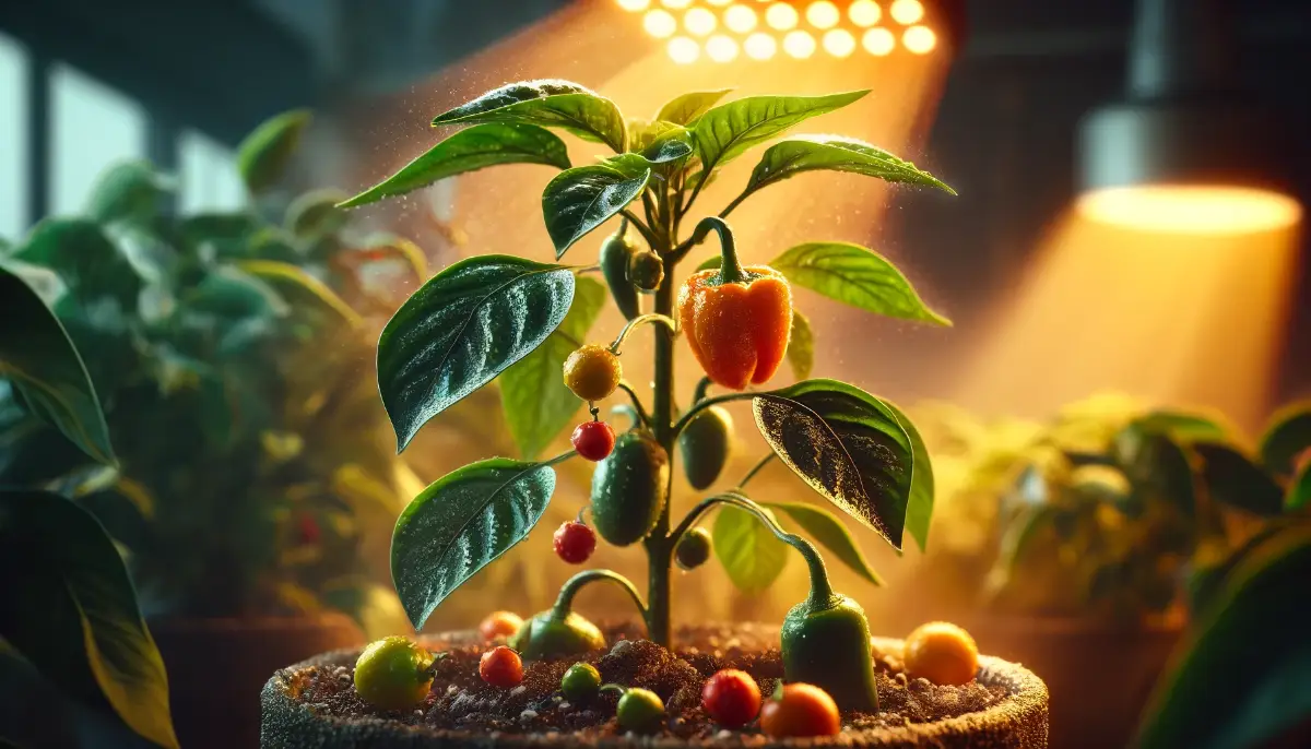 Vibrant indoor garden with jalapenos, bell peppers, and cherry peppers in various growth stages, illuminated by LED grow lights, showcasing organic gardening joy.