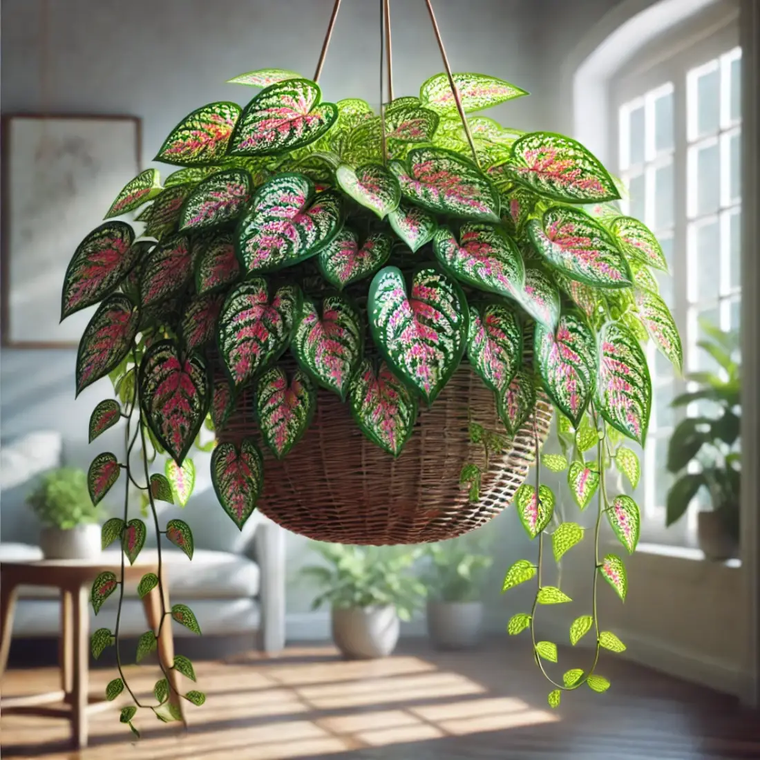 Hanging basket with vibrant Hypoestes phyllostachya featuring green leaves speckled with pink, white, and red, thriving in indirect indoor light.