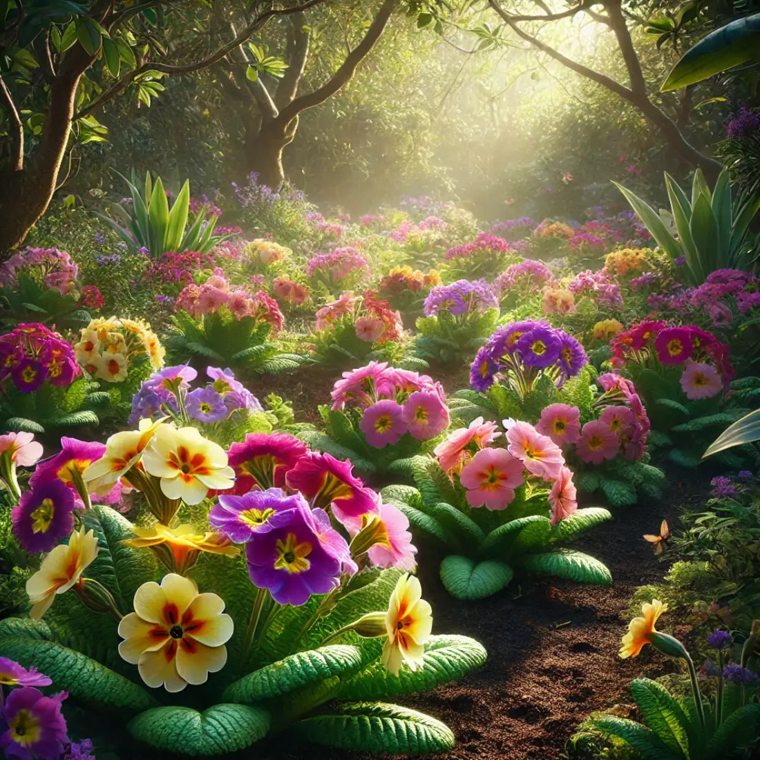 A colorful garden of blooming Primula flowers in shades of purple, pink, yellow, and red under dappled sunlight.