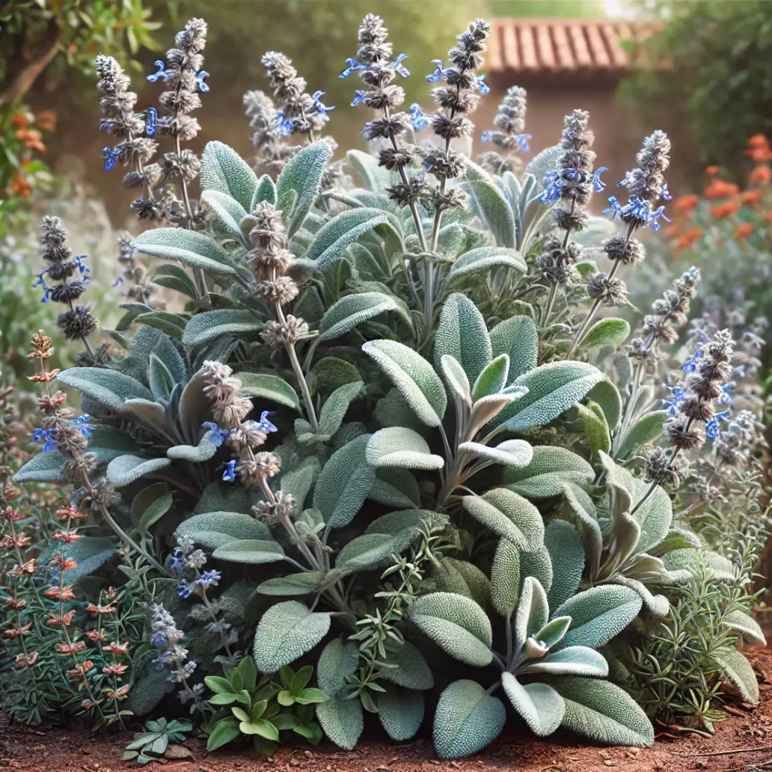 A sage plant with grayish-green leaves and blue-purple flowers in a Mediterranean garden with other herbs.