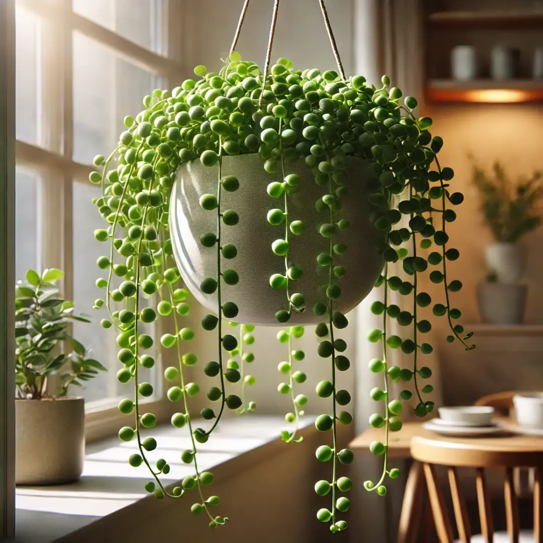 String of Pearls plant in a modern hanging basket near a sunlit window, with cascading pea-shaped leaves in a cozy interior.