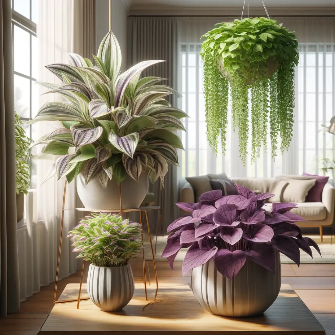 Three varieties of Tradescantia plants: Zebrina in a hanging basket, Pallida in a pot on a table, and Fluminensis in a hanging container, in a modern living room with light-colored walls, contemporary furniture, books, and a coffee table.