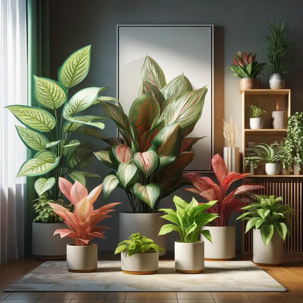 Various Chinese Evergreen (Aglaonema) plant varieties displayed in a well-lit, cozy room with natural light, wooden shelf, modern planters, and soft rug