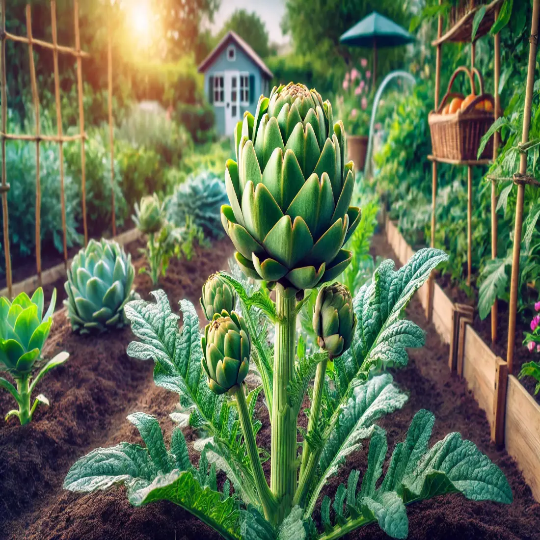 A healthy artichoke plant with large, edible buds in a well-maintained garden on a sunny day.