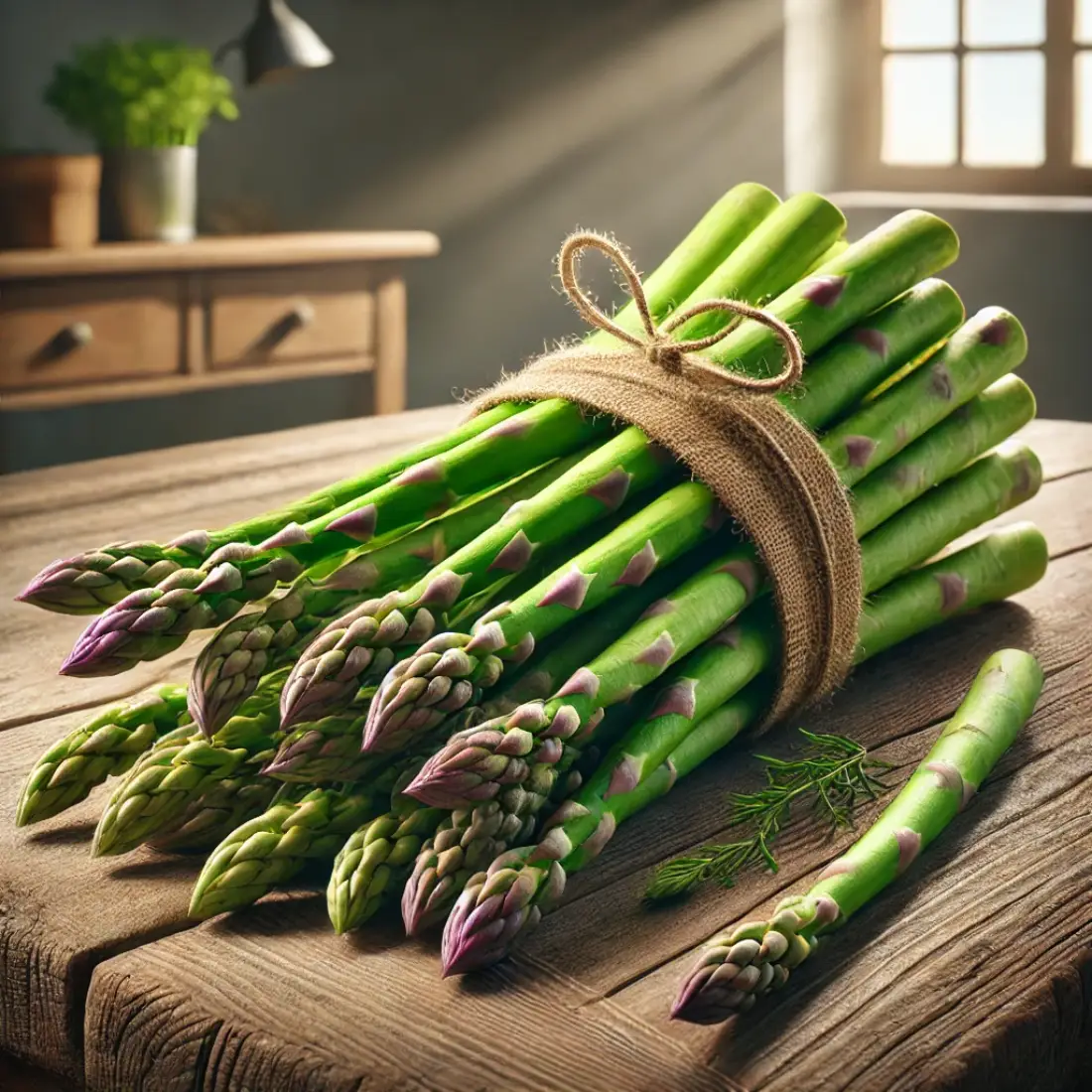 A bundle of vibrant green asparagus spears with purple tips tied with twine, placed on a rustic wooden table in a sunlit kitchen.