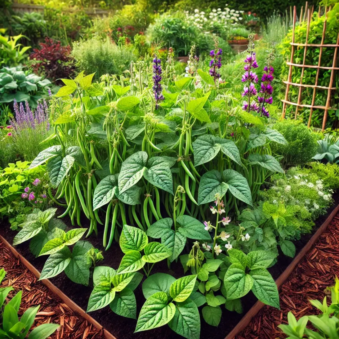 Small, lush bean garden with green plants, flowers, and pods, supported by a wooden trellis, in rich dark soil.