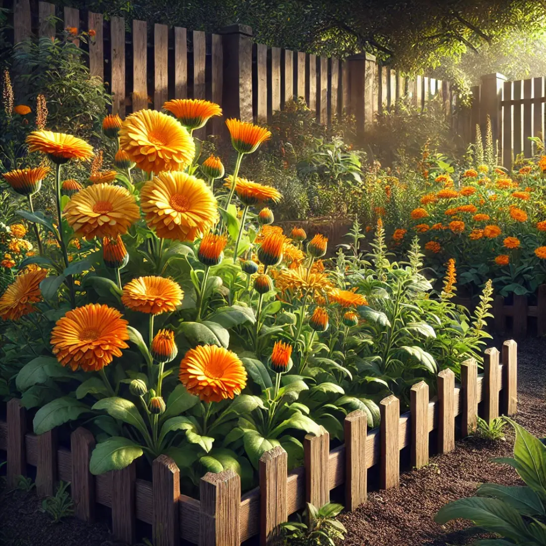 A tranquil garden with blooming orange and yellow Calendula flowers, highlighted by sunlight with a wooden fence backdrop.