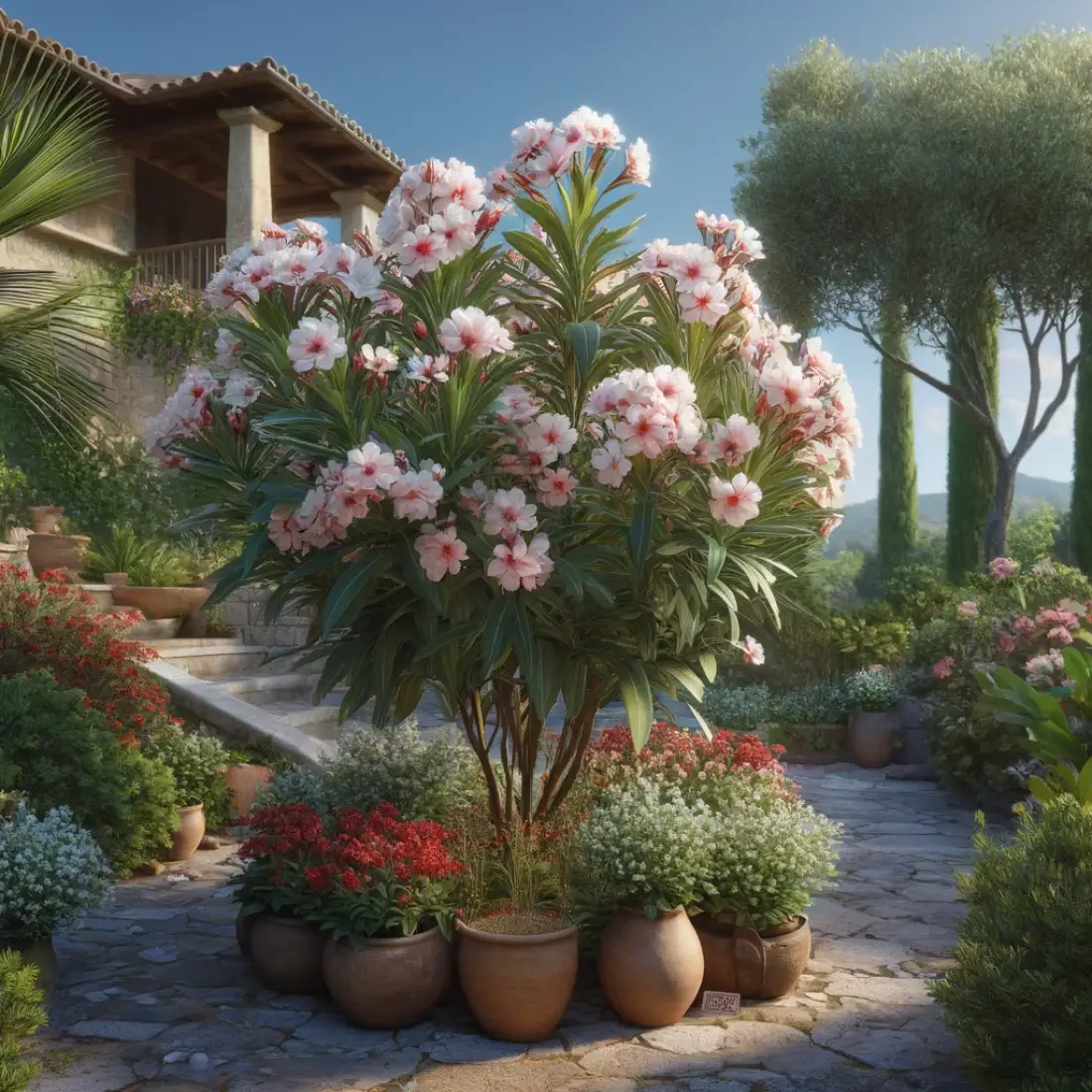 Oleander shrub in full bloom with pink, white, and red flowers in a Mediterranean garden setting with terracotta pots and a stone pathway.