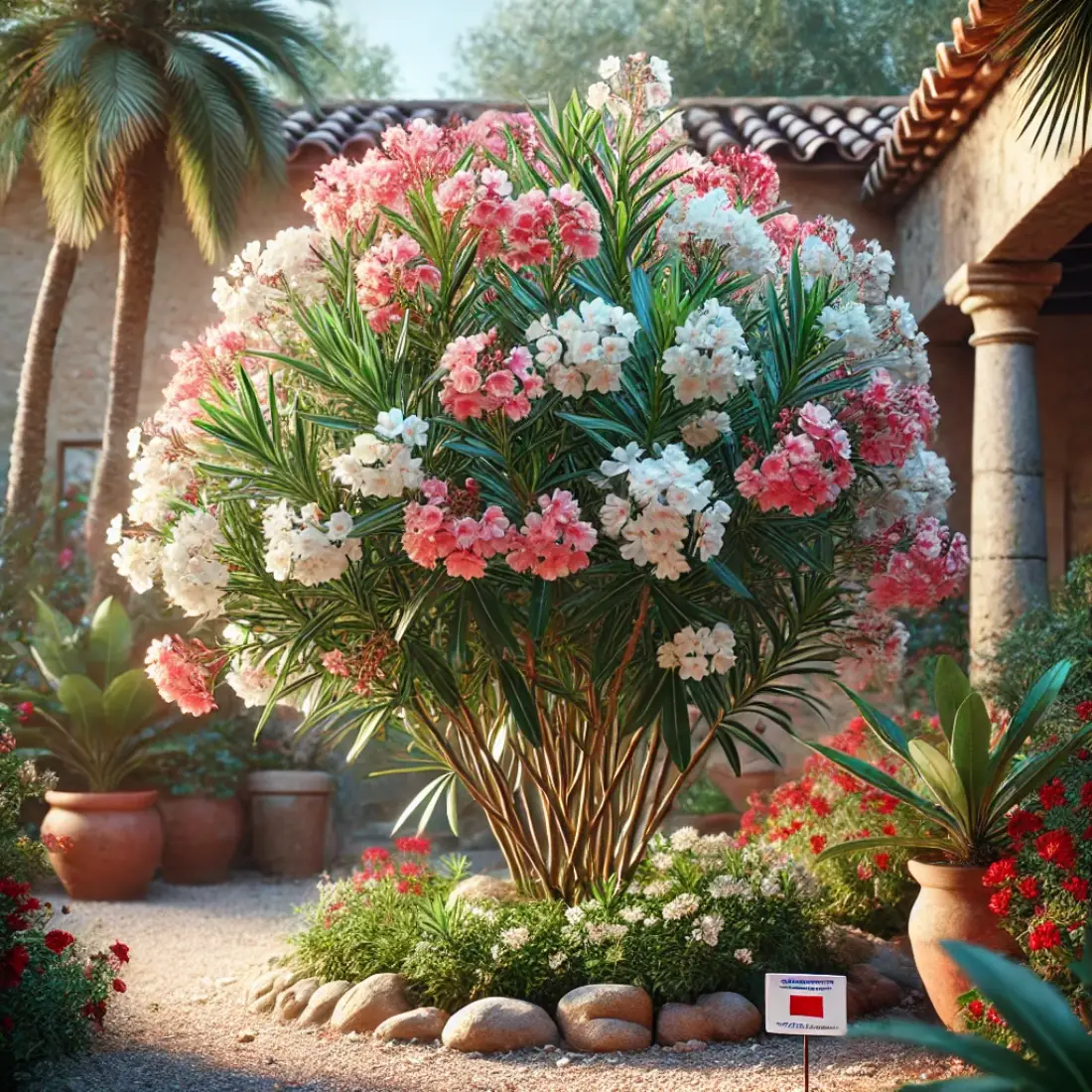 Vibrant Oleander shrub with pink, white, and red flowers in a Mediterranean garden with terracotta pots and a stone pathway.