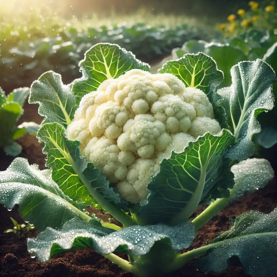 Close-up of a white cauliflower plant with dewdrops in a green, lush organic garden, bathed in morning sunlight.