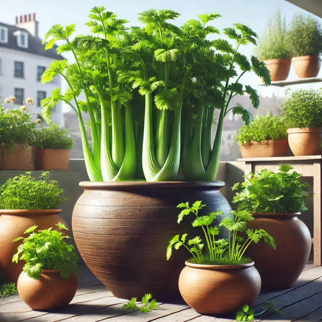 Healthy celery plants in terracotta pots on a sunny patio with a cityscape in the background, surrounded by other potted herbs and vegetables.