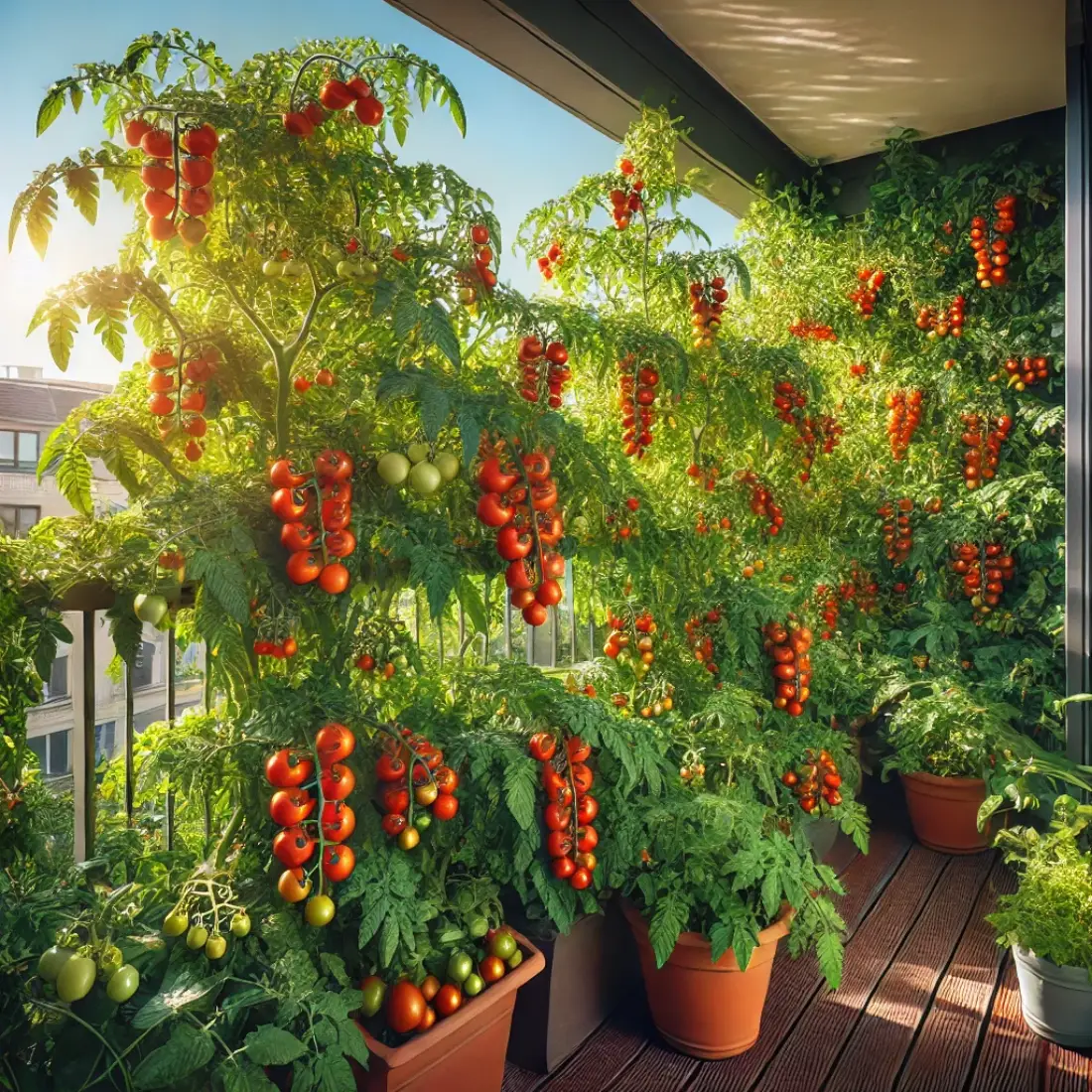 Large, lush cherry tomato plants with abundant ripe tomatoes in containers on a sunny balcony, framed by green leaves and a cityscape backdrop.