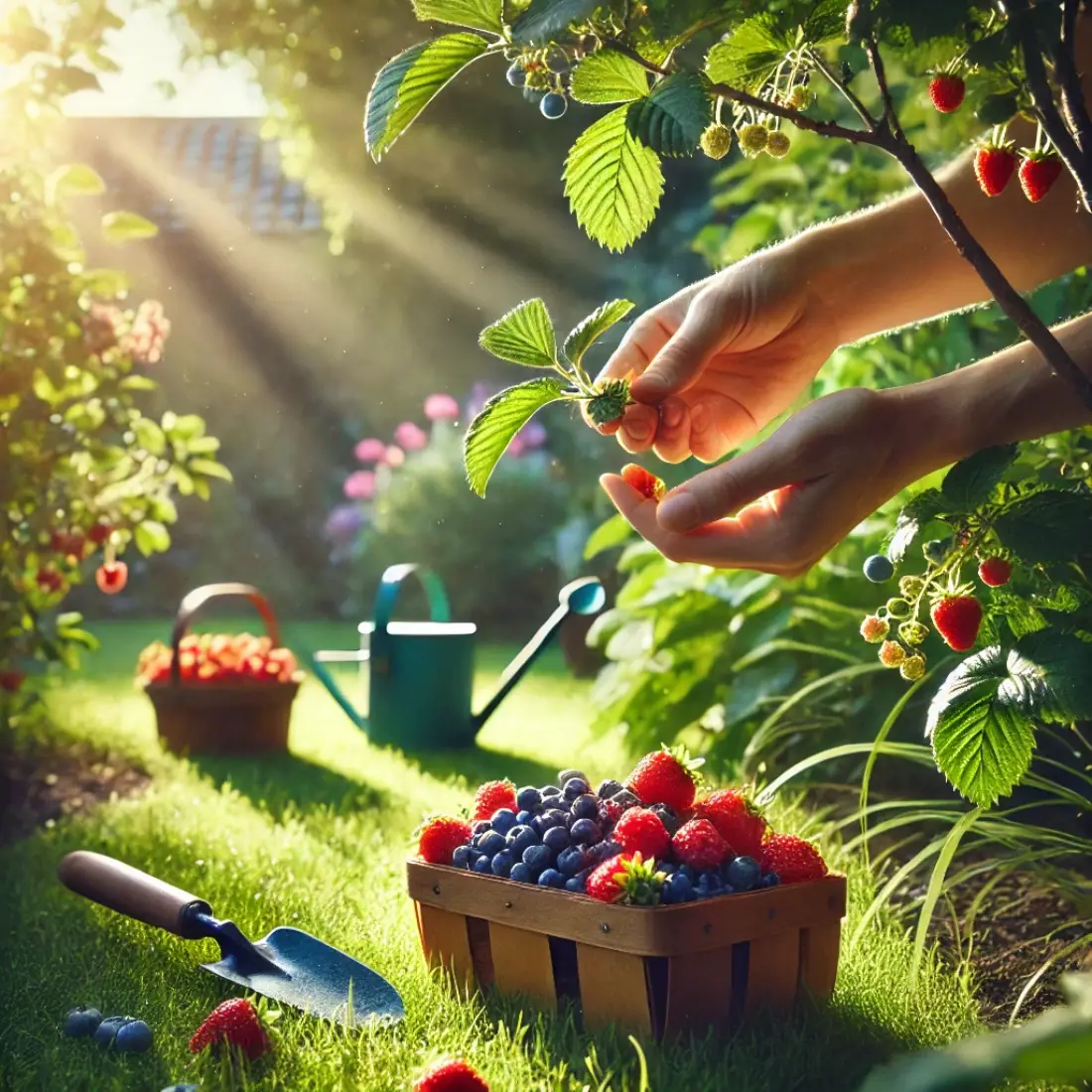 Backyard garden with lush berry bushes, hands picking fruit, basket of fresh berries, and gardening tools in warm sunlight.