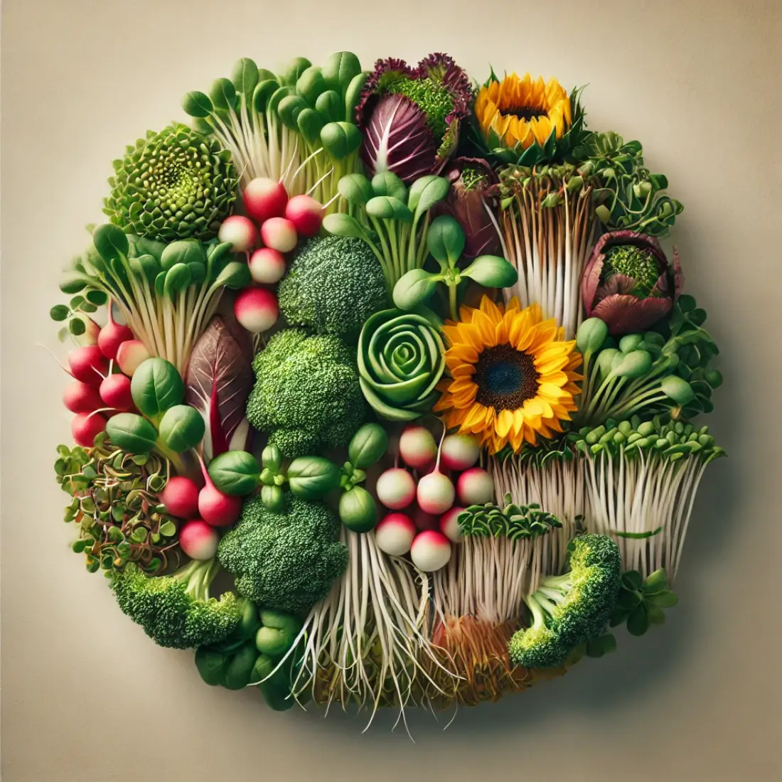 Close-up of various fresh microgreens including radish, broccoli, and sunflower, showcasing their vibrant colors and textures on a neutral background.