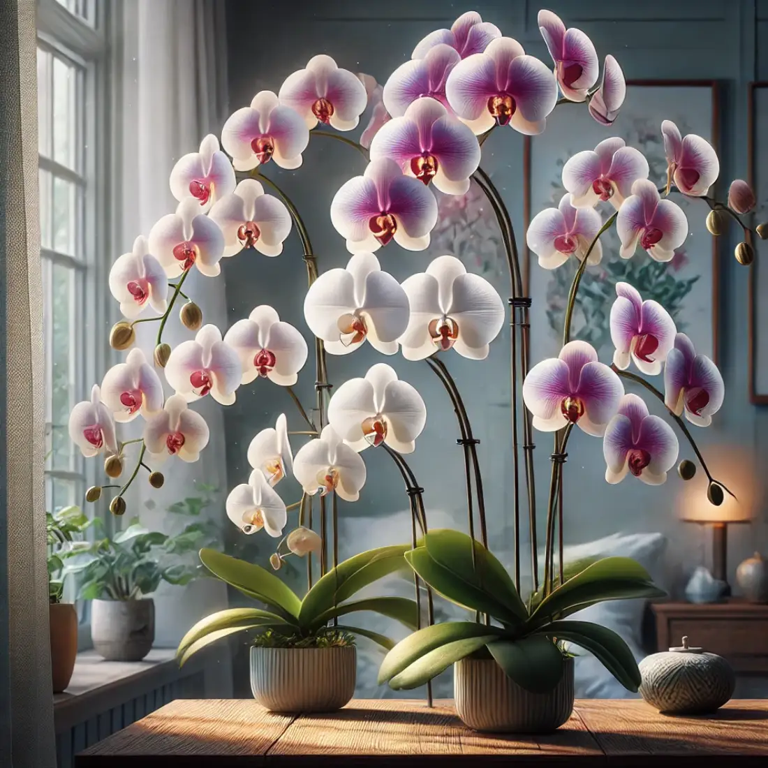 Blooming moth orchids with white, pink, and purple petals, lit by soft natural light in a warm, homey room.