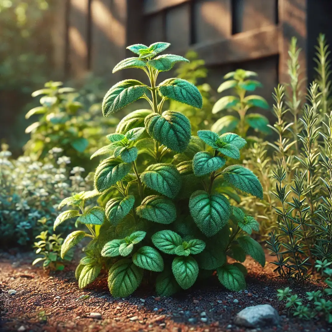 A lush oregano plant with bright green leaves in a sunlit Mediterranean-style herb garden, surrounded by rosemary and thyme.