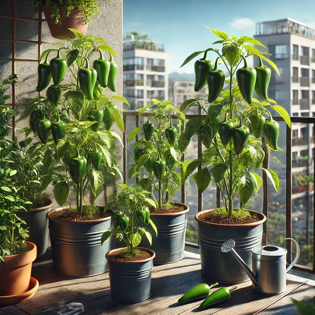 Lush jalapeño pepper plants in containers on a sunny urban balcony, with dark green leaves and ripe peppers, set against a cityscape backdrop.