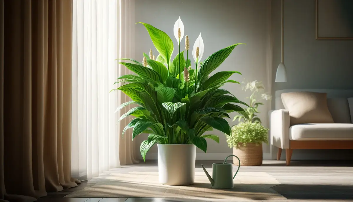 A healthy Peace Lily with glossy leaves and white blooms in a softly lit room, suggesting a serene indoor atmosphere