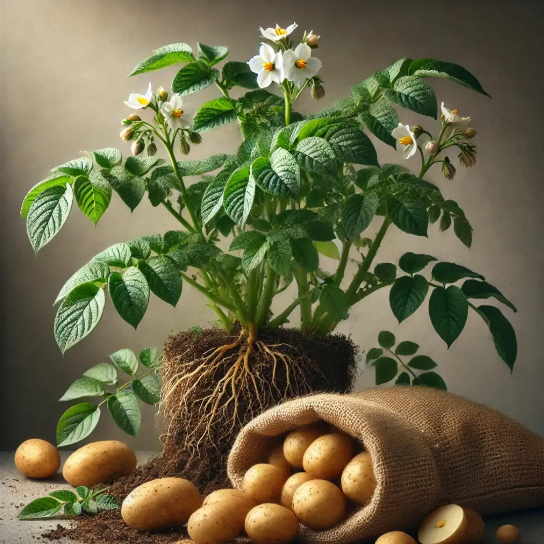 A lush potato plant with green leaves and white flowers, roots showing underground potatoes, and a burlap bag of organic potatoes in the lower right corner.