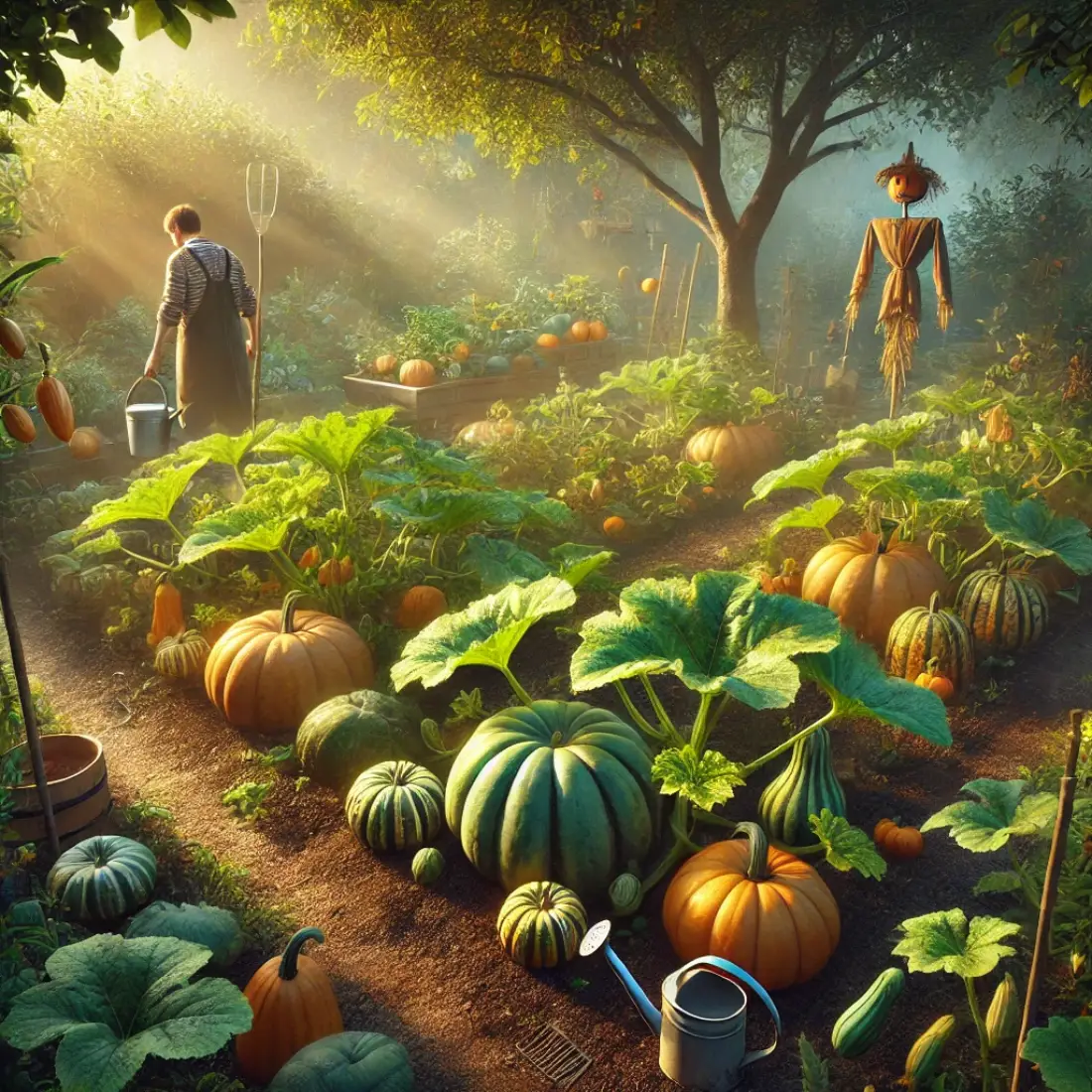 Lush home garden with pumpkins in various stages of growth, a gardener tending plants, and a scarecrow in the background.