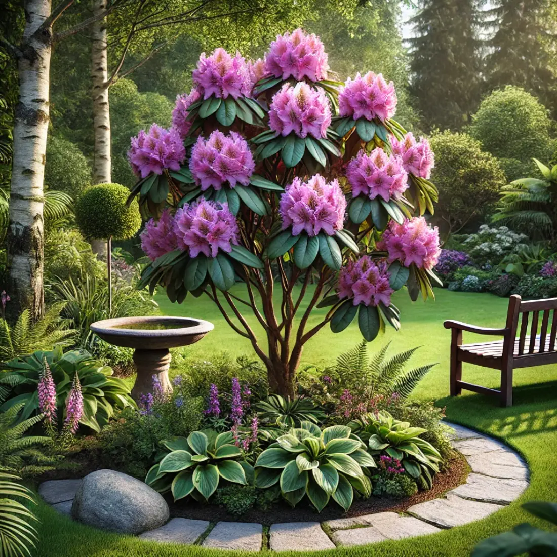 A rhododendron with pink and purple blooms in a lush home garden, near a stone path with a birdbath and wooden bench.