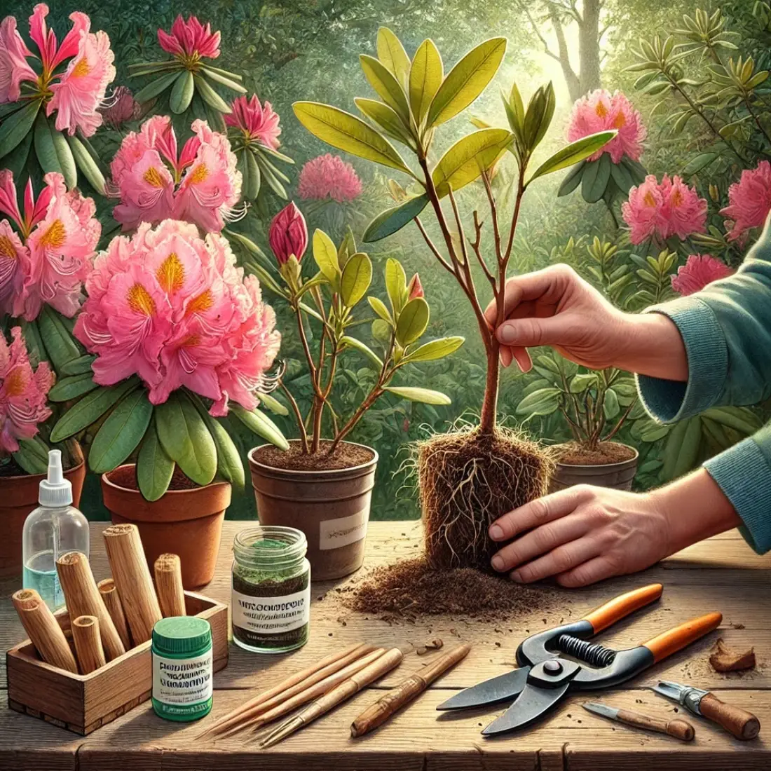 Gardening scene showing rhododendron cuttings being prepared and planted in small pots, surrounded by blooming rhododendrons, with tools and a humidity dome nearby.