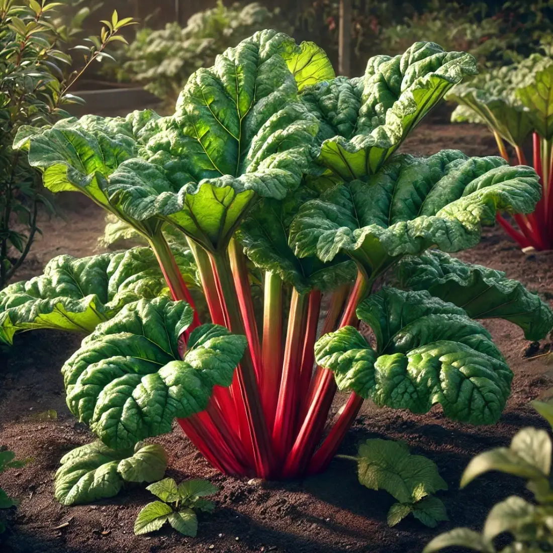 Detailed image of a rhubarb plant with large green leaves and red-green stalks in a sunlit garden with rich soil.