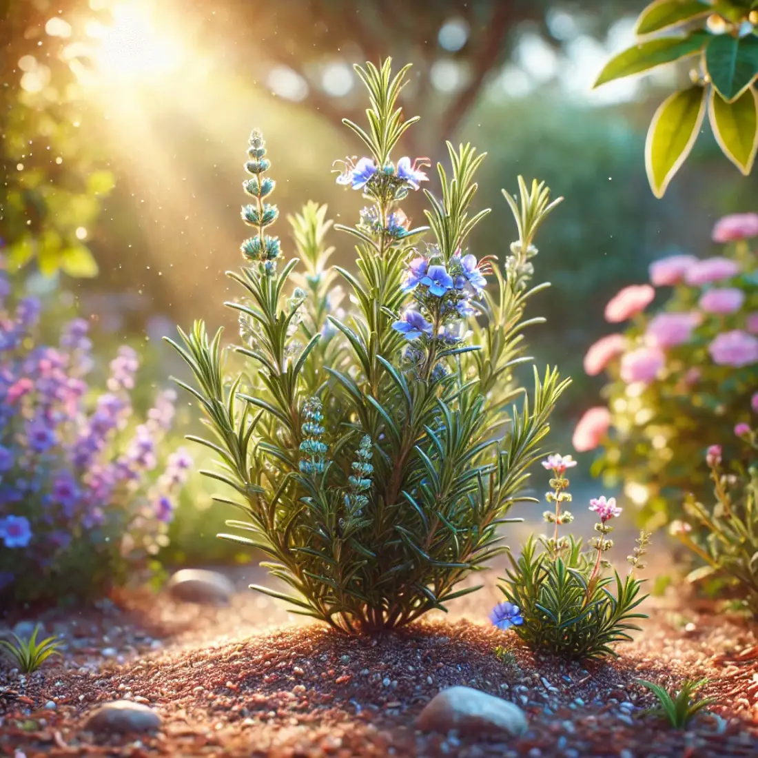 Rosemary plant with aromatic leaves and small mauve, blue, pink, and white flowers in a sunny garden and container.