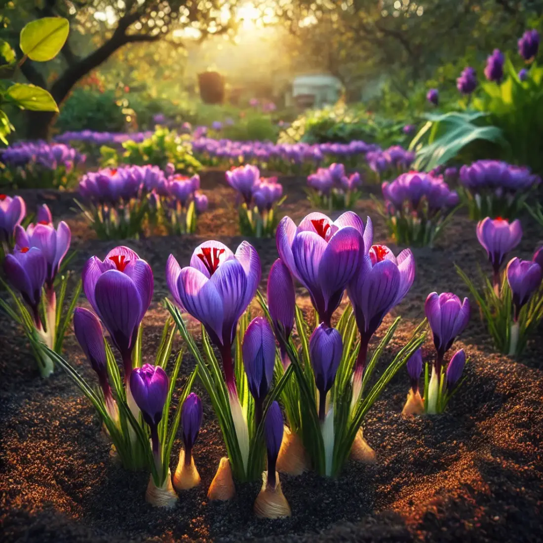 A blooming saffron garden with vibrant purple Crocus sativus flowers, each displaying bright red stigmas, in neat rows.