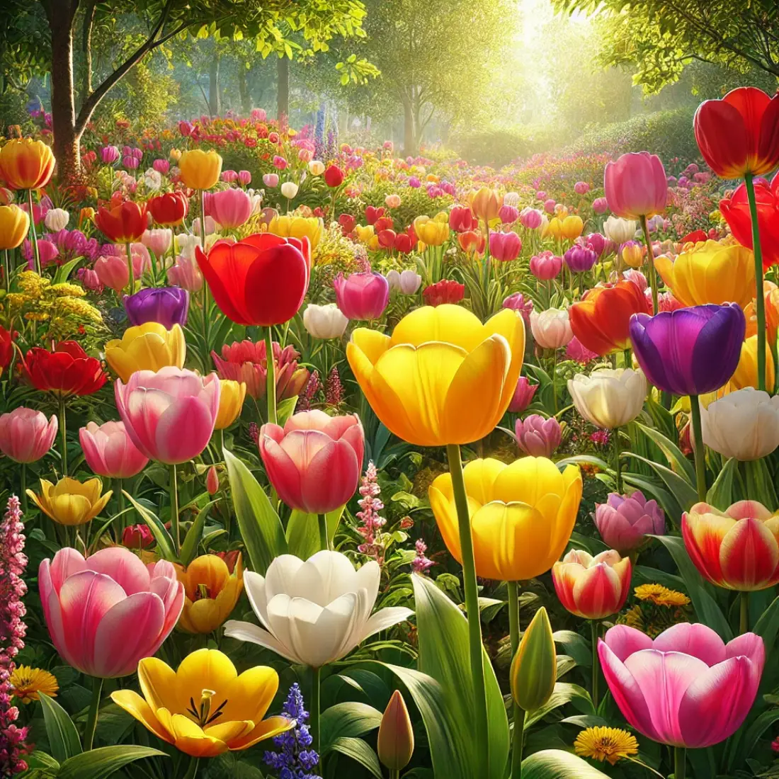 Brightly colored tulips in a spring garden, featuring red, yellow, pink, white, and multi-colored blooms.