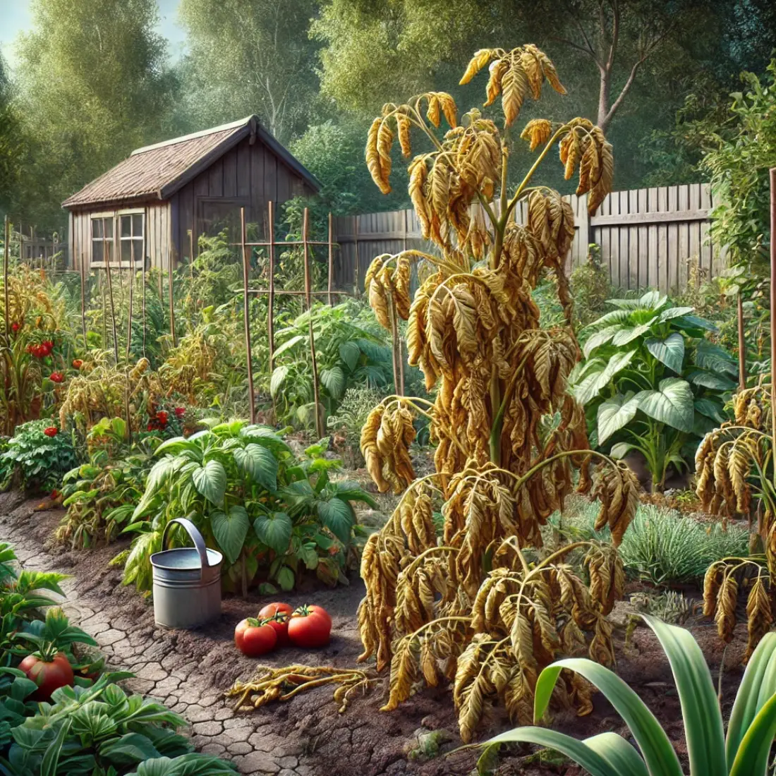 Vegetable garden with wilted tomato and pepper plants affected by Verticillium wilt, alongside healthy plants, with a wooden fence and shed in the background.