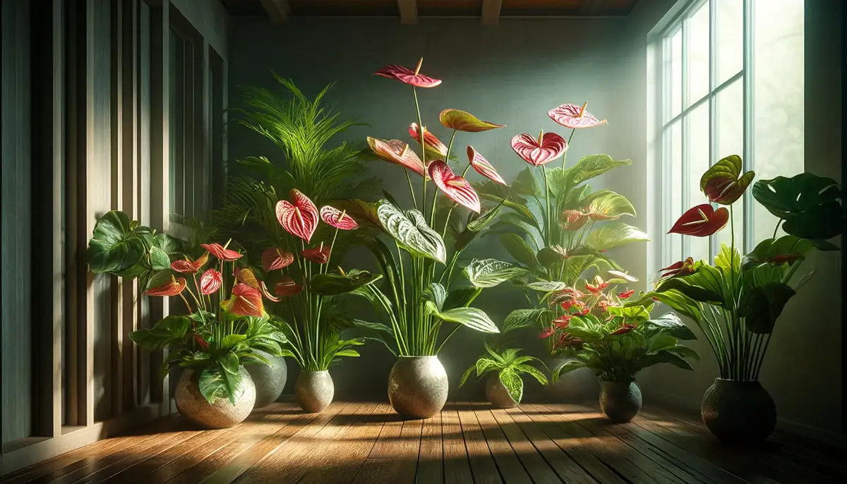 Collection of anthuriums in an indoor setting, displaying heart-shaped spathes and glossy leaves under soft light.