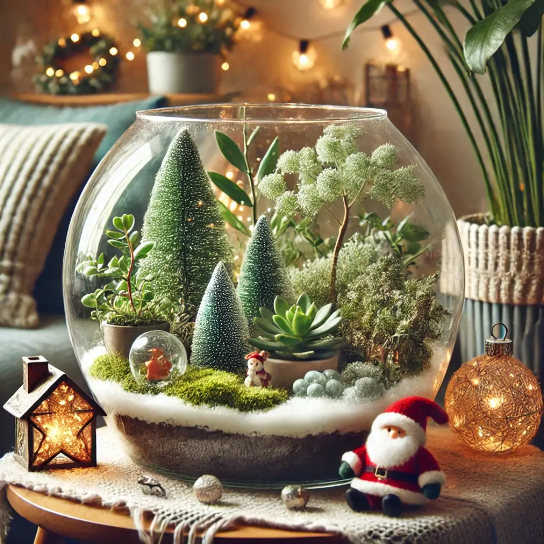 Glass terrarium with real plants like ferns and moss, decorated with tiny Christmas trees, faux snow, and warm fairy lights for a holiday vibe.