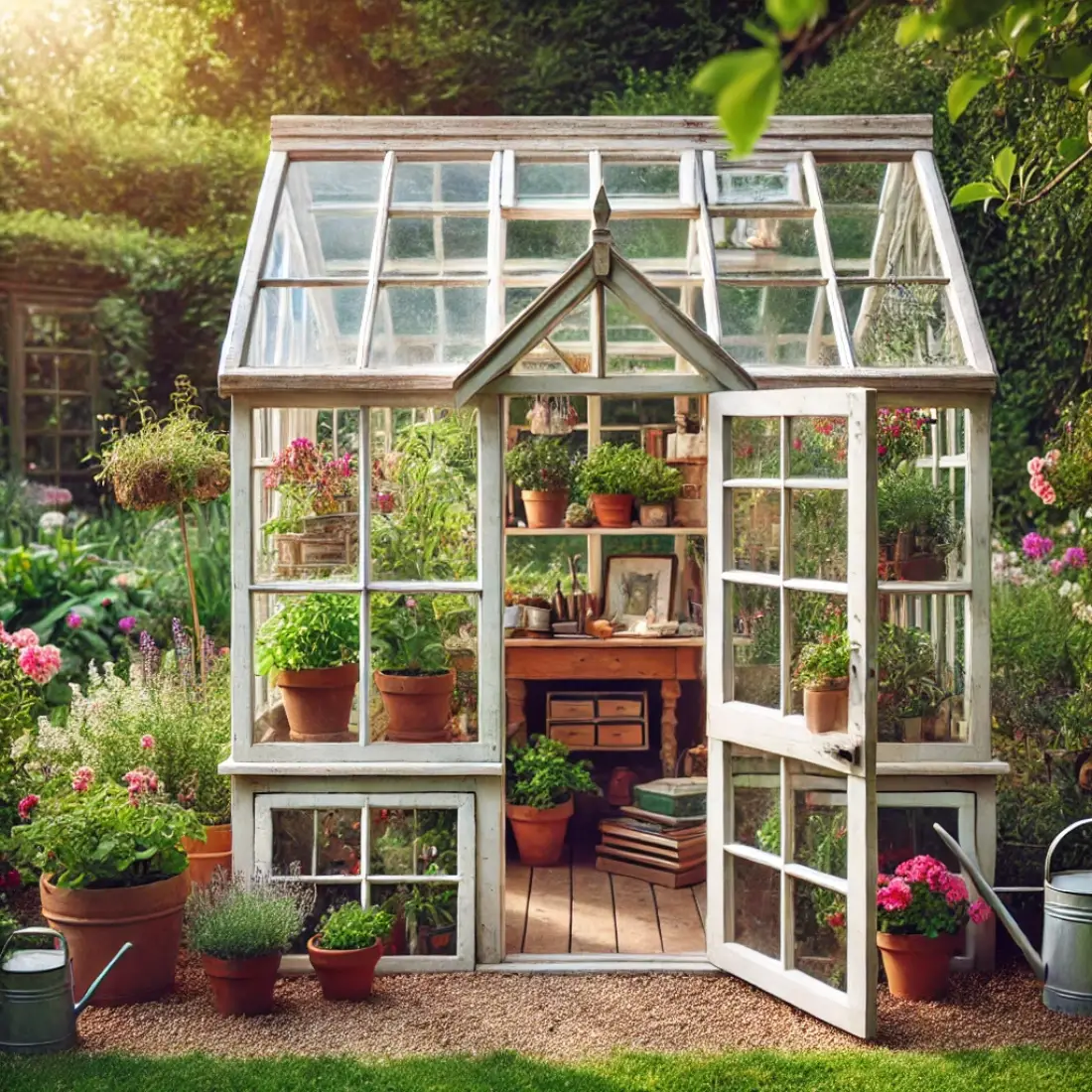 DIY mini greenhouse made from old windows, set in a lush garden. The design showcases a beautiful combination of vintage windows and a cozy, inviting atmosphere perfect for gardening projects.