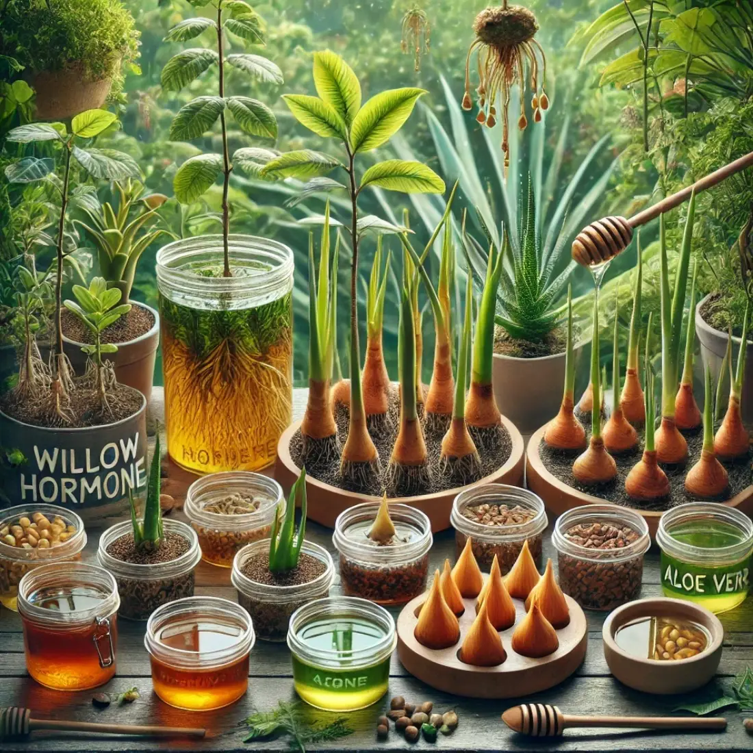 Plant cuttings soaking in containers labeled "Willow Water," "Aloe," and "Honey" in an eco-friendly garden.