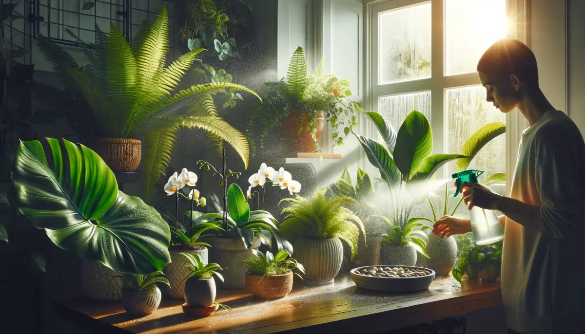 Serene indoor garden with a variety of lush plants being misted in sunlight, showcasing the importance of humidity for plant care.