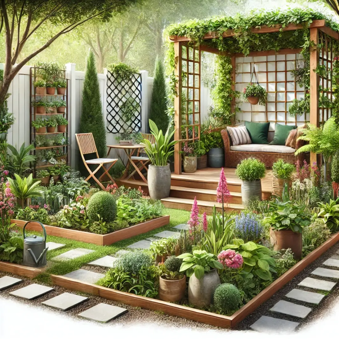 Small garden with a variety of plants, vertical trellises, hanging planters, and a cozy seating area.