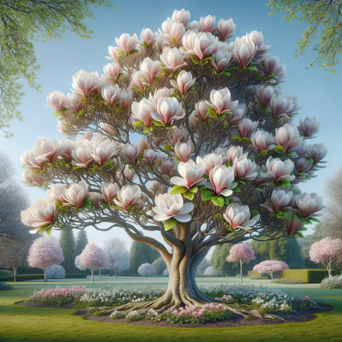 Magnolia tree with large white and pink flowers and glossy green leaves in a spring garden under a clear blue sky.