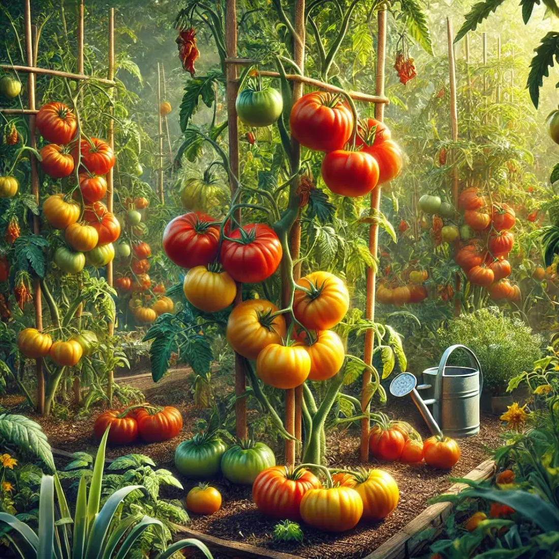 Lush tomato garden in late summer with ripe tomatoes, disease-affected leaves, and companion plants like basil.