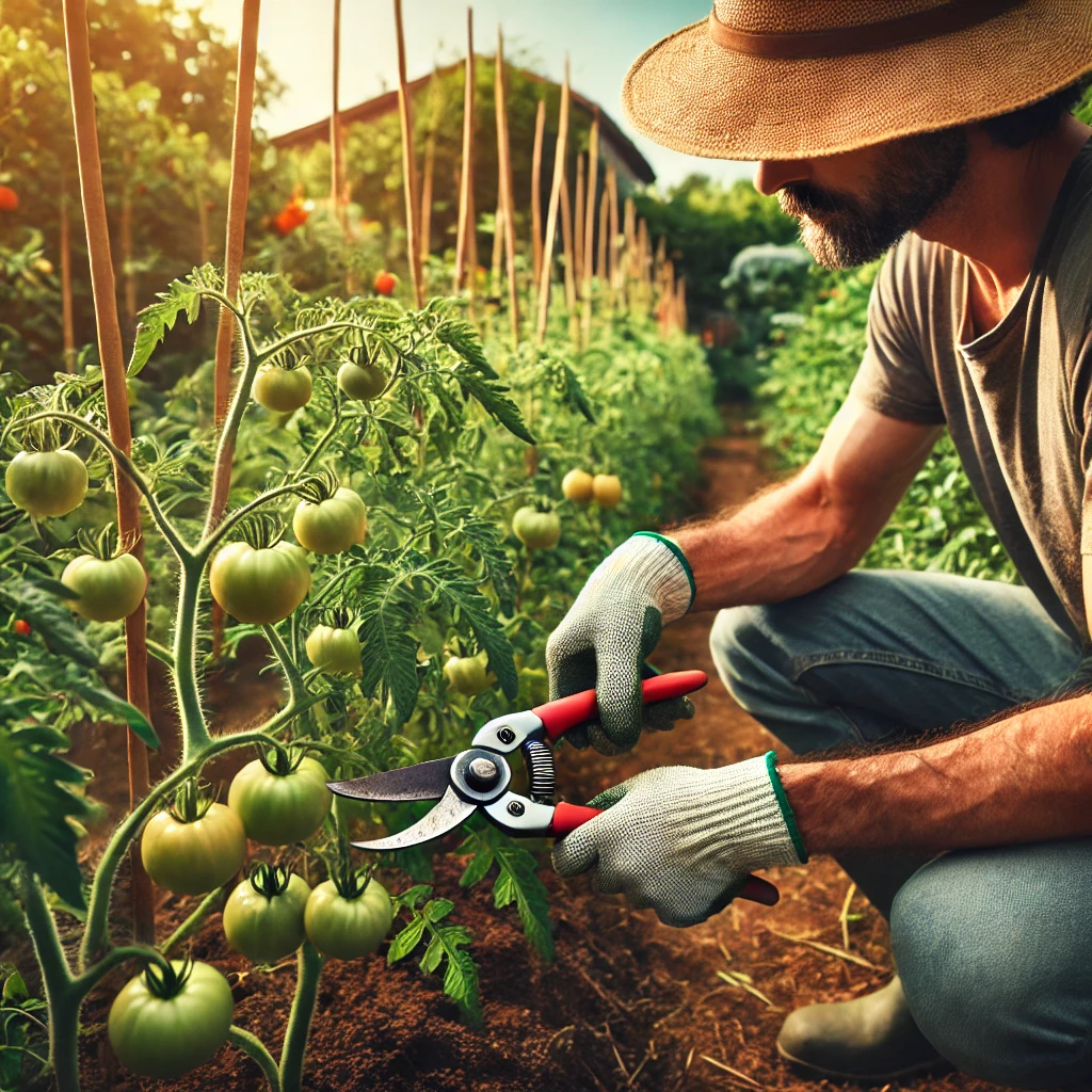 Gardener wearing a sun hat and gloves carefully pruning lush tomato plants with shears in a vibrant organic garden.