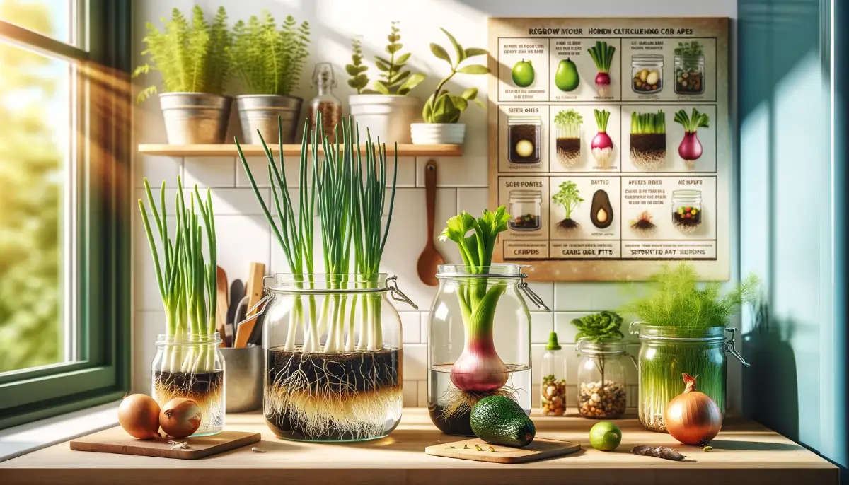 Bright kitchen with jars on a windowsill showing regrowth of vegetables from scraps, illustrating sustainable living.