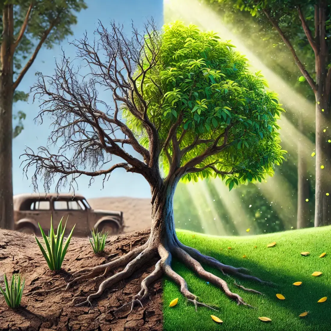 Side-by-side comparison of a struggling tree and a healthy tree in a natural setting. The struggling tree on the left has yellowing, sparse leaves, cracked bark, and dry, compacted soil, while the healthy tree on the right features lush green leaves, strong branches, and rich, dark soil covered with mulch. The image represents the transformation from poor to vibrant tree health.