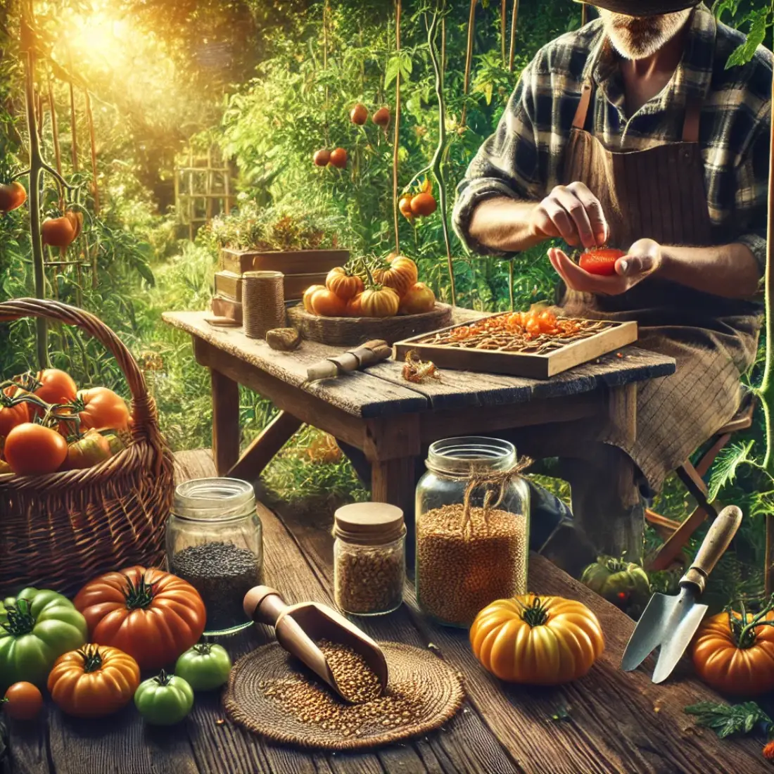 Gardener extracting seeds from ripe heirloom tomatoes at a rustic wooden table in a sunny, vibrant organic garden.